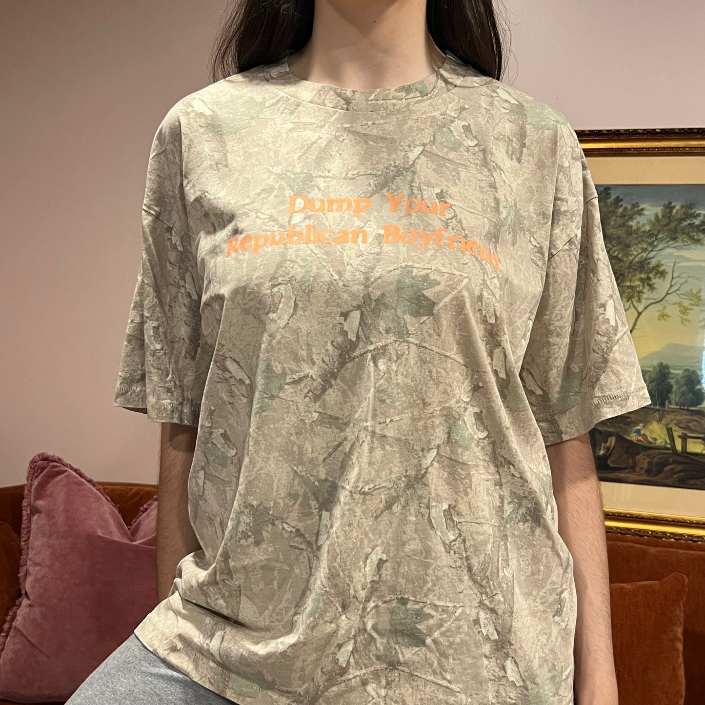 DUMP YOUR REPUBLICAN BOYFRIEND camo t-shirt with orange text (L)