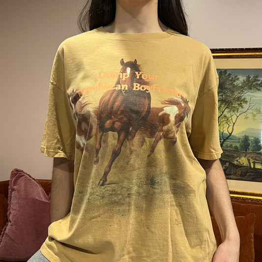 DUMP YOUR REPUBLICAN BOYFRIEND horse t-shirt with orange text (XL)