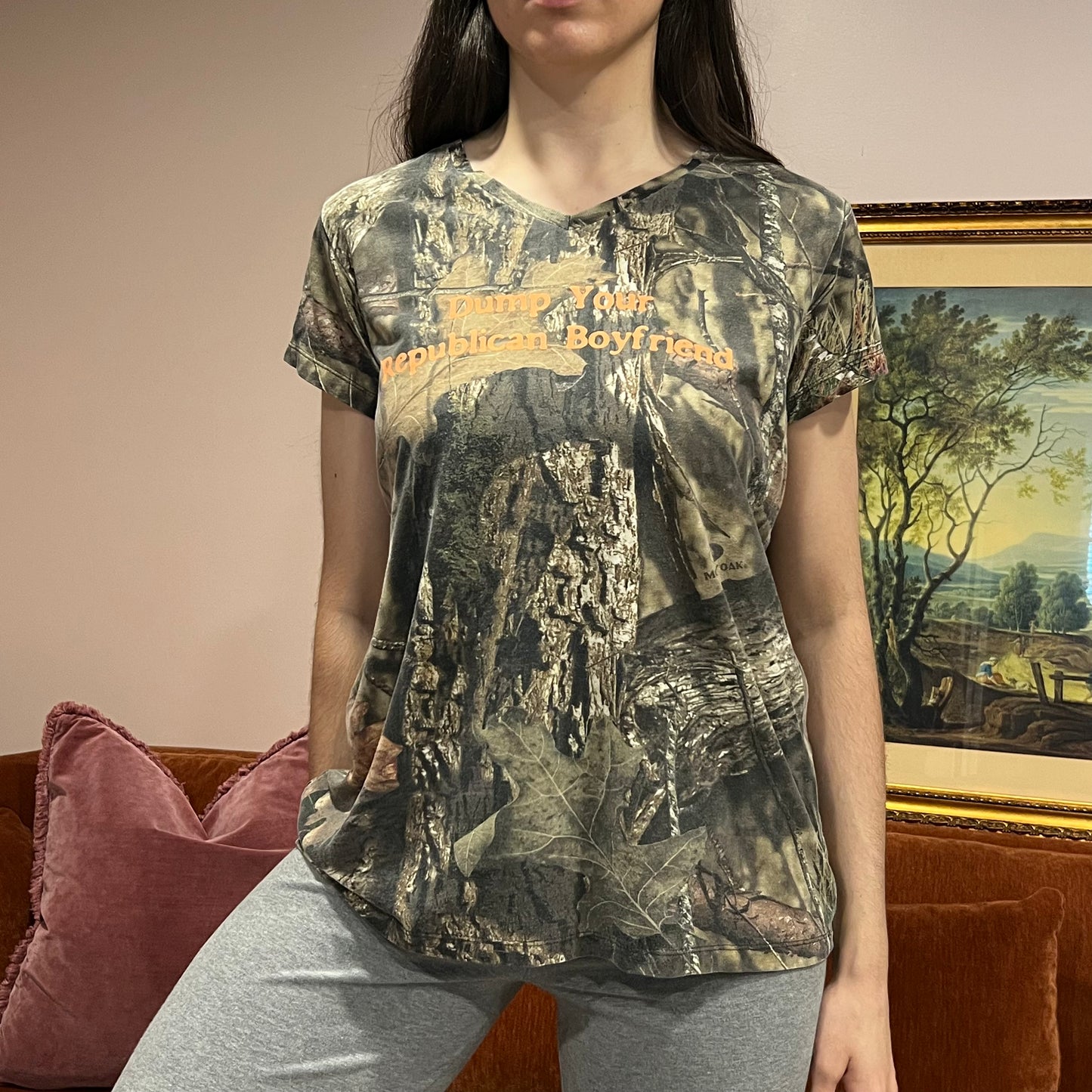 DUMP YOUR REPUBLICAN BOYFRIEND camo t-shirt with orange text (XL)