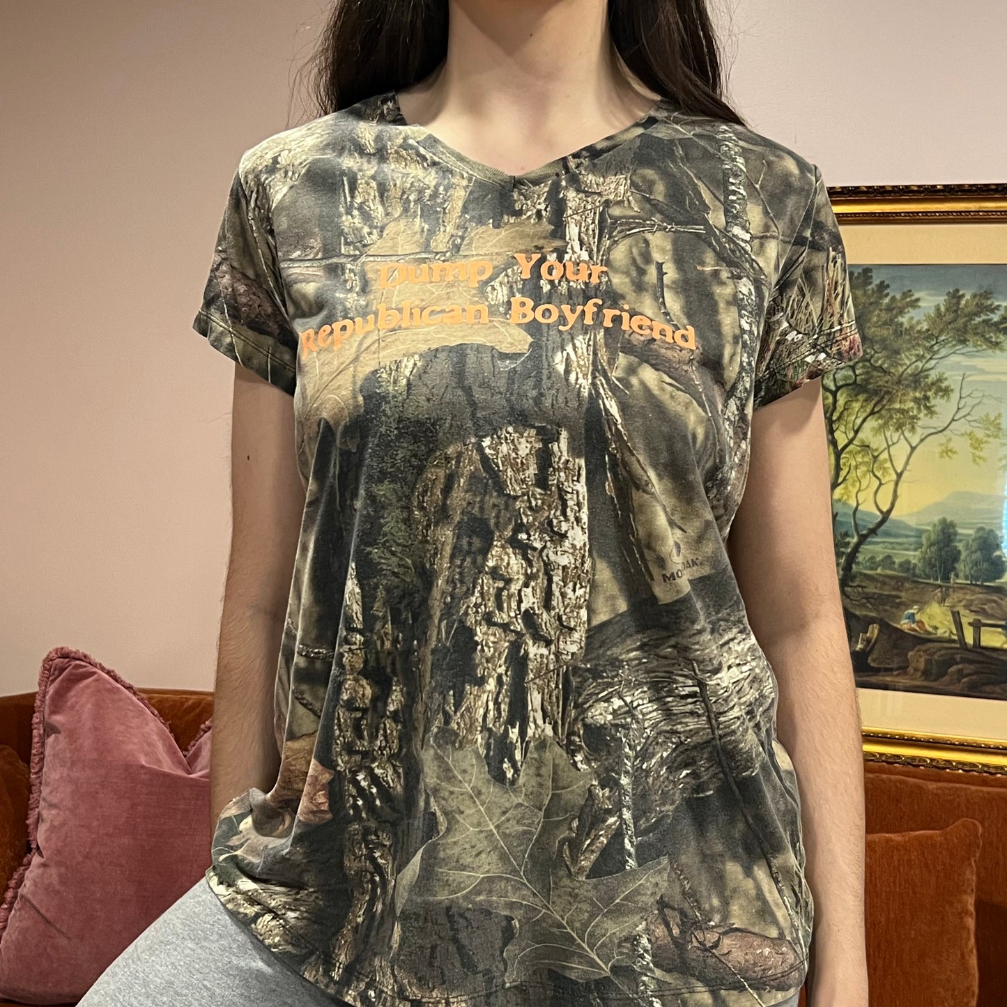 DUMP YOUR REPUBLICAN BOYFRIEND camo t-shirt with orange text (XL)