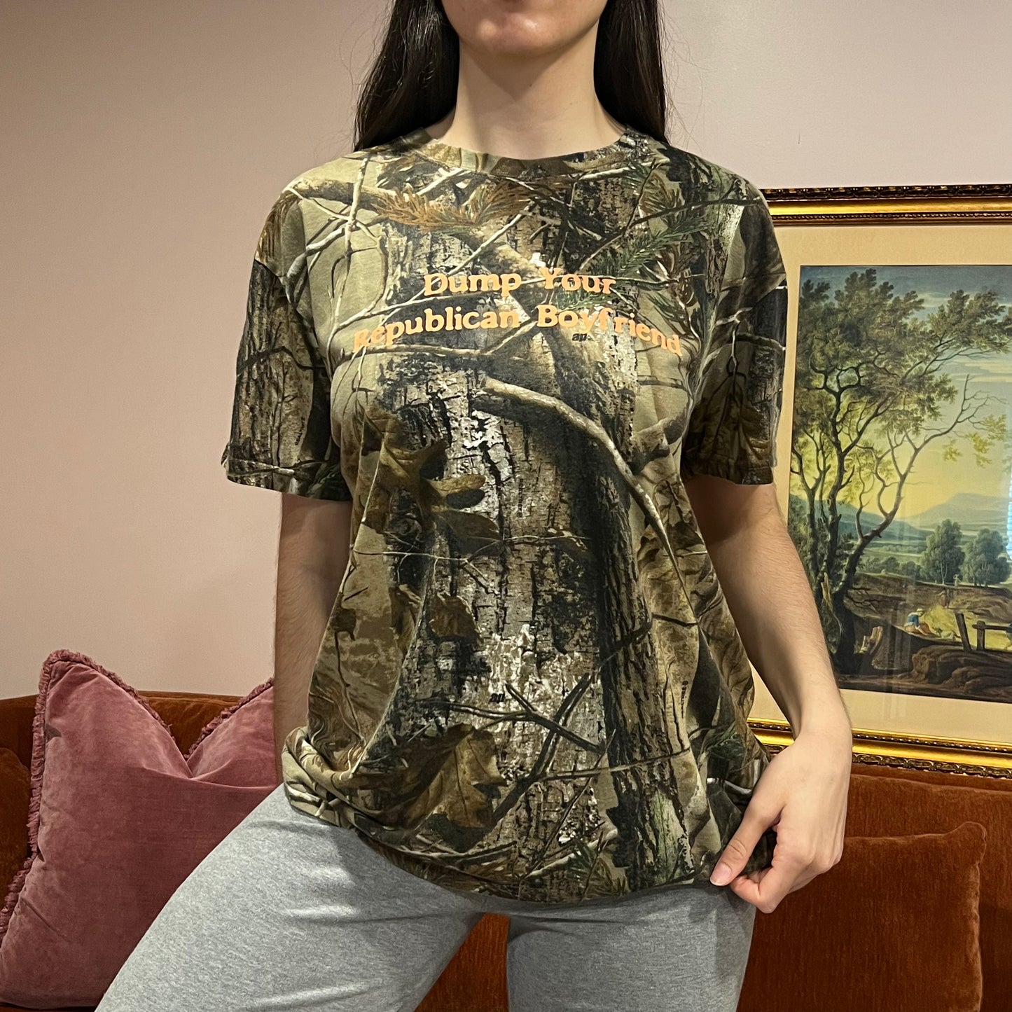 DUMP YOUR REPUBLICAN BOYFRIEND camo t-shirt with orange text (L)