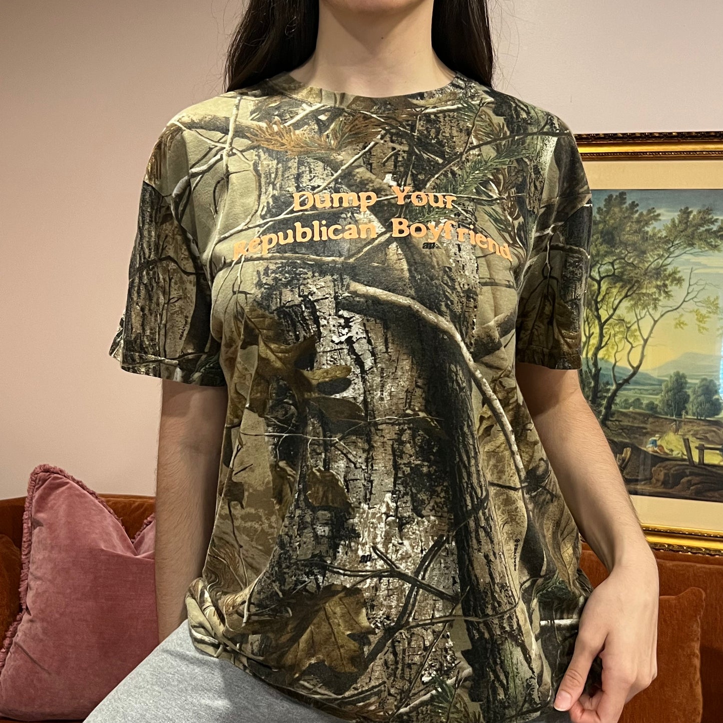 DUMP YOUR REPUBLICAN BOYFRIEND camo t-shirt with orange text (L)