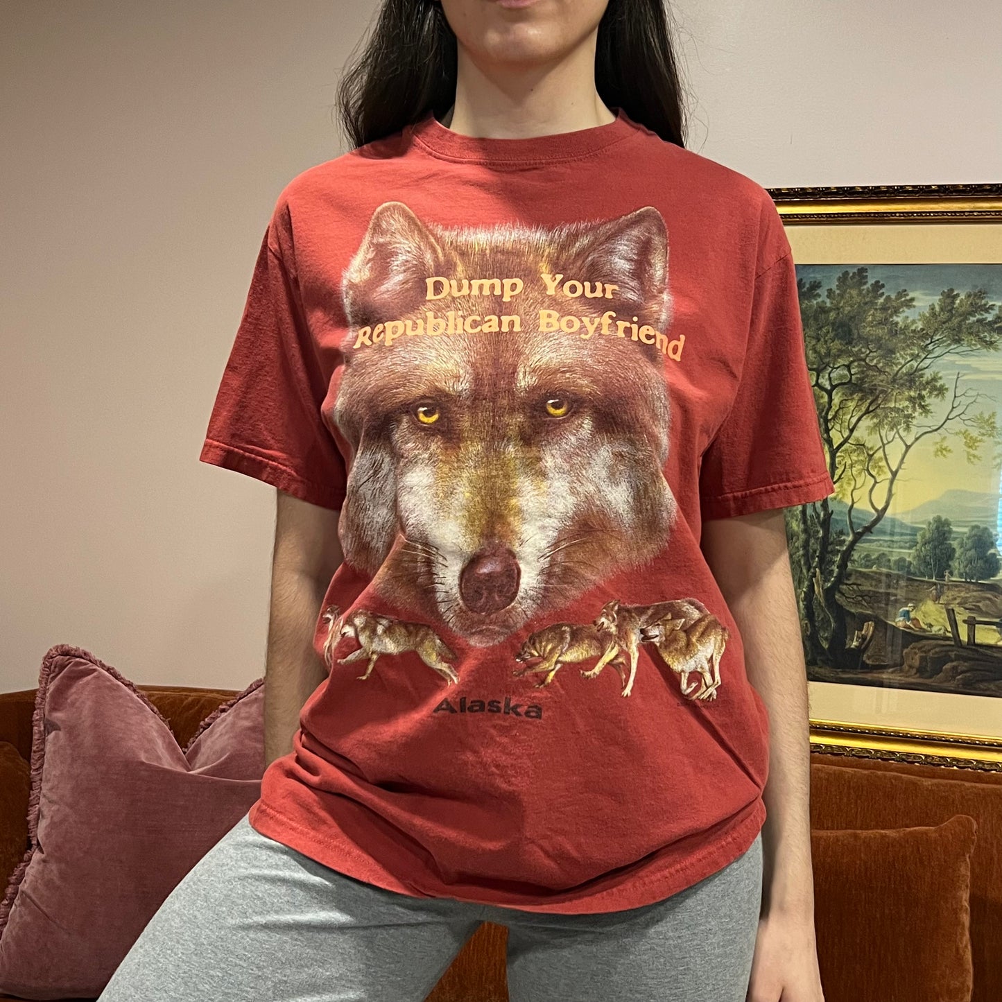 DUMP YOUR REPUBLICAN BOYFRIEND wolf t-shirt with orange text (XL)