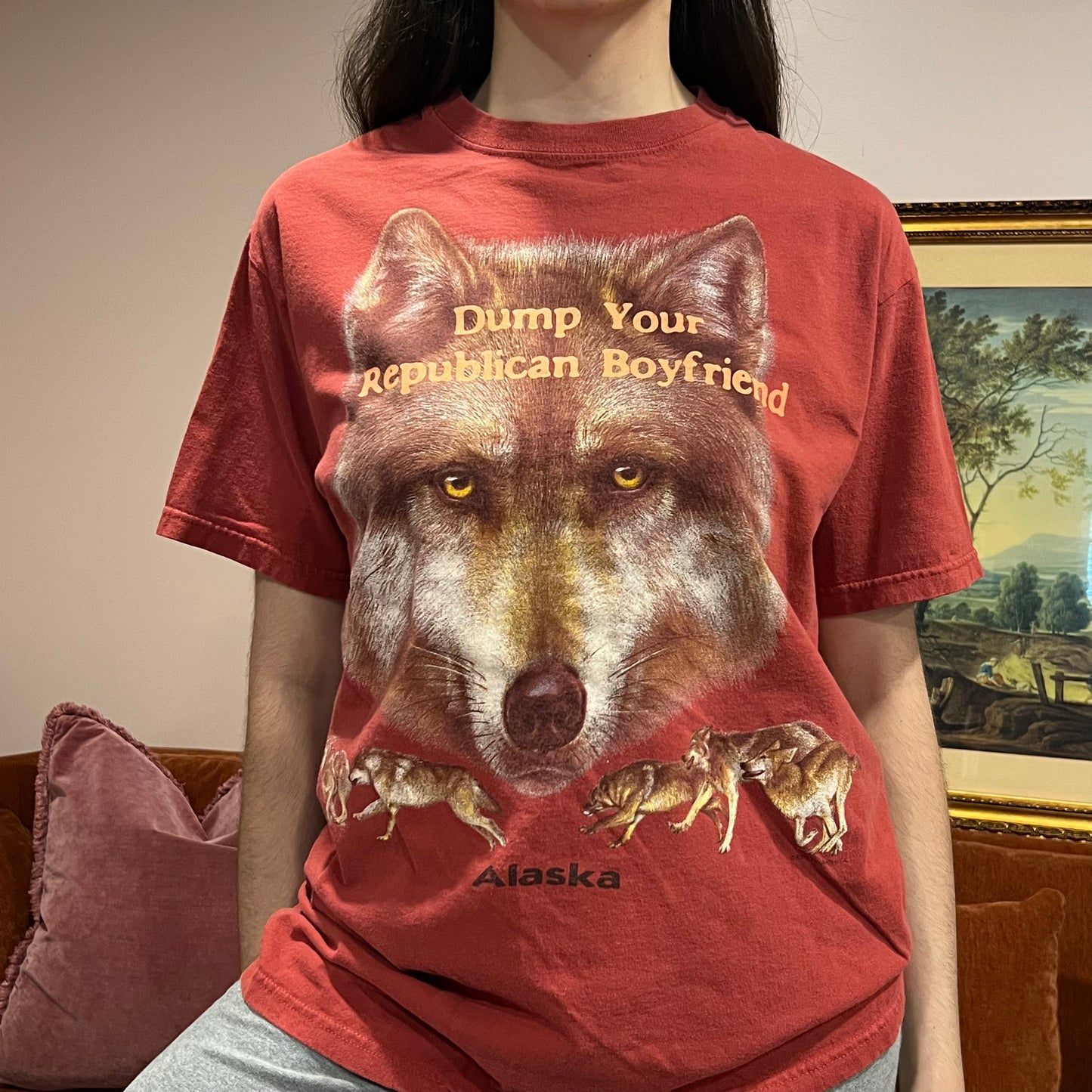 DUMP YOUR REPUBLICAN BOYFRIEND wolf t-shirt with orange text (XL)
