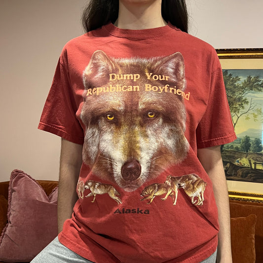 DUMP YOUR REPUBLICAN BOYFRIEND wolf t-shirt with orange text (XL)