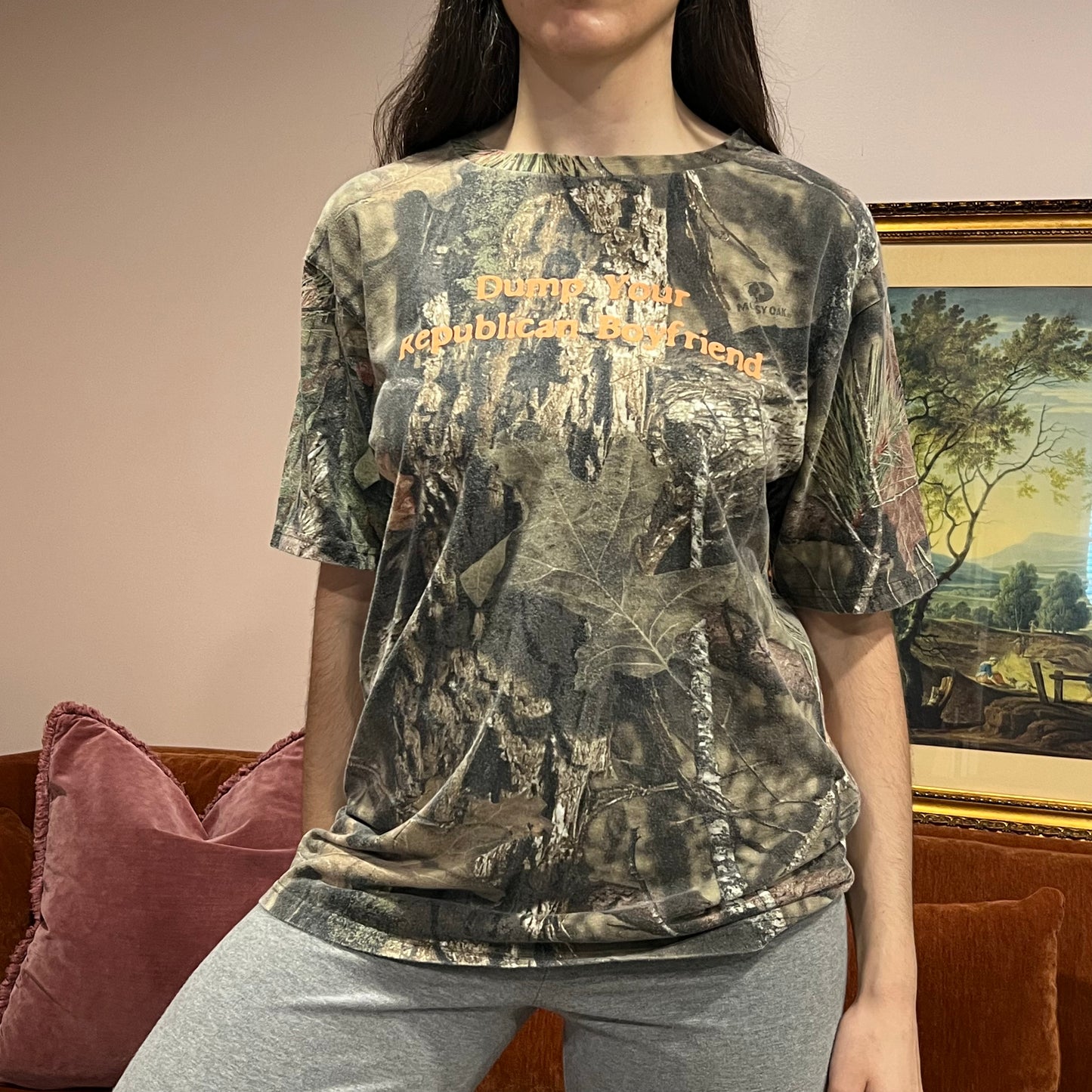 DUMP YOUR REPUBLICAN BOYFRIEND camo t-shirt with orange text (M)
