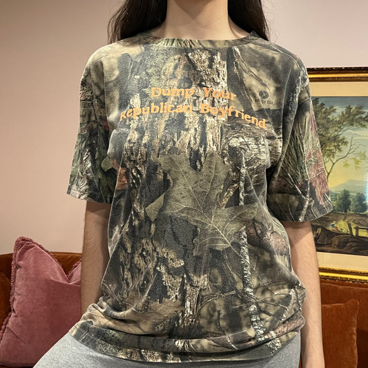DUMP YOUR REPUBLICAN BOYFRIEND camo t-shirt with orange text (M)