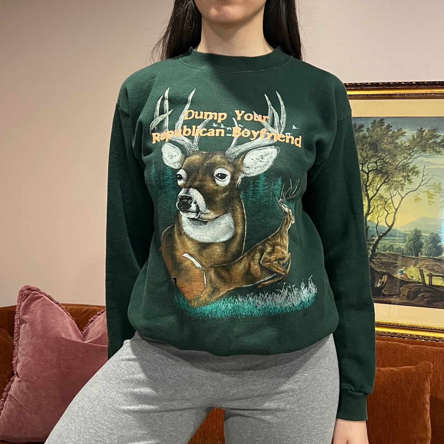 DUMP YOUR REPUBLICAN BOYFRIEND deer crewneck with orange text (M)