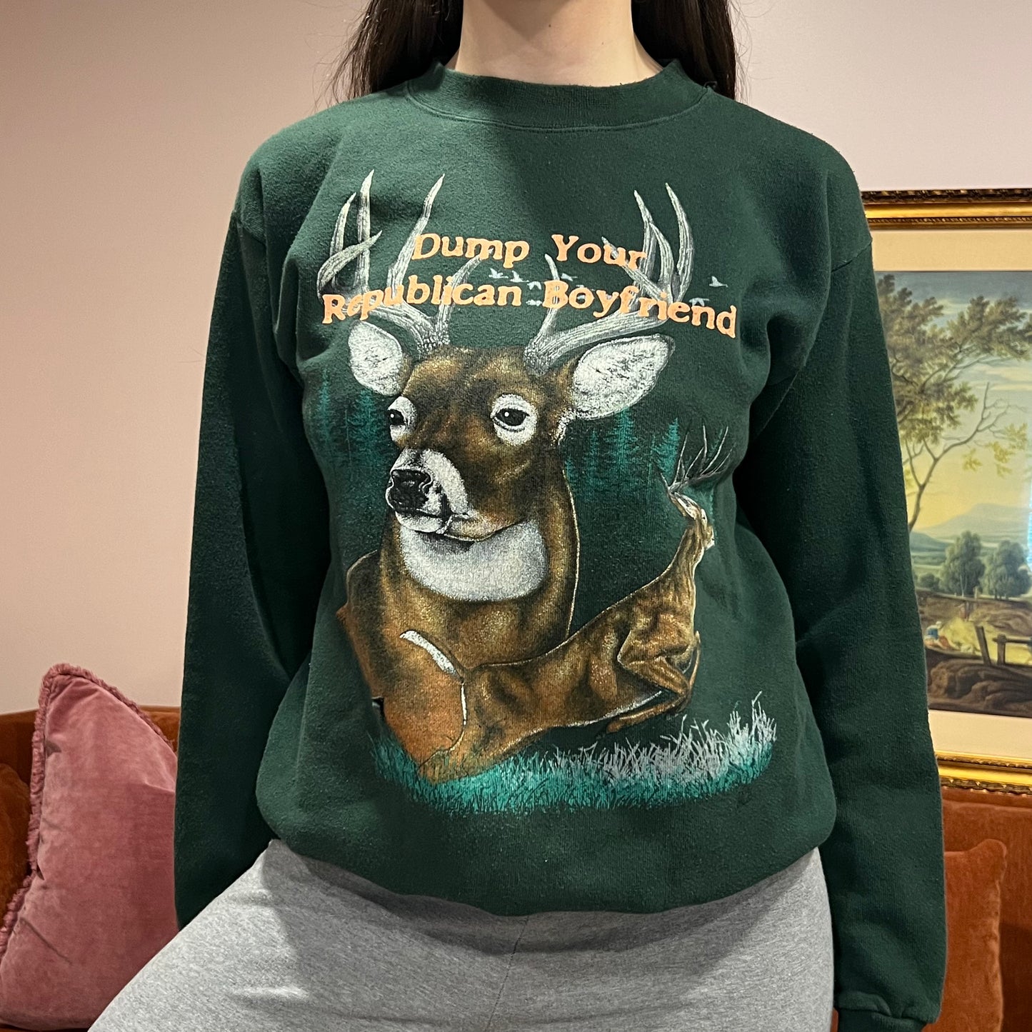 DUMP YOUR REPUBLICAN BOYFRIEND deer crewneck with orange text (M)