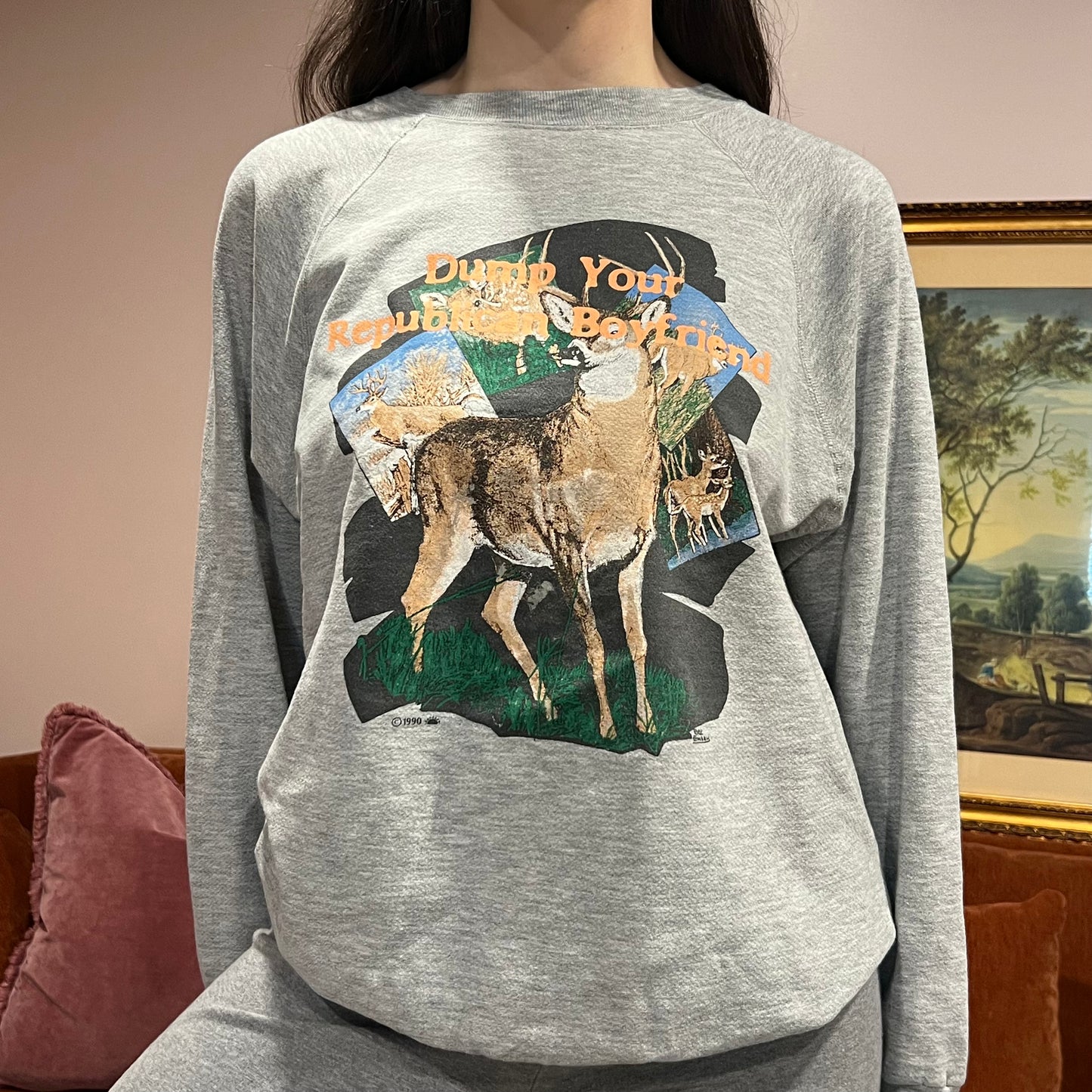 DUMP YOUR REPUBLICAN BOYFRIEND deer crewneck with orange text (XL)