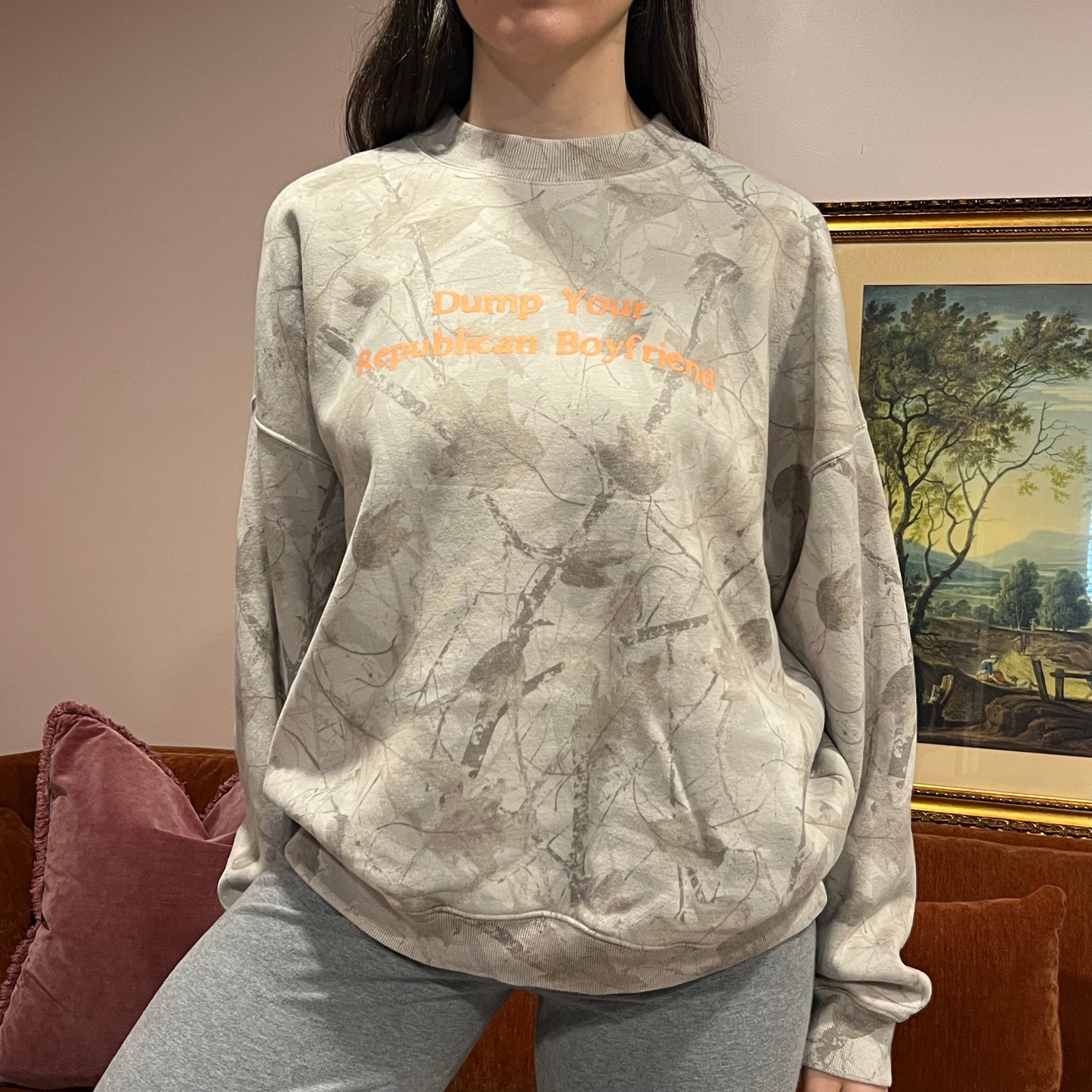 DUMP YOUR REPUBLICAN BOYFRIEND white camo crewneck with orange text (L)