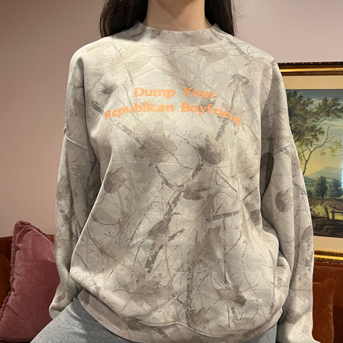 DUMP YOUR REPUBLICAN BOYFRIEND white camo crewneck with orange text (L)