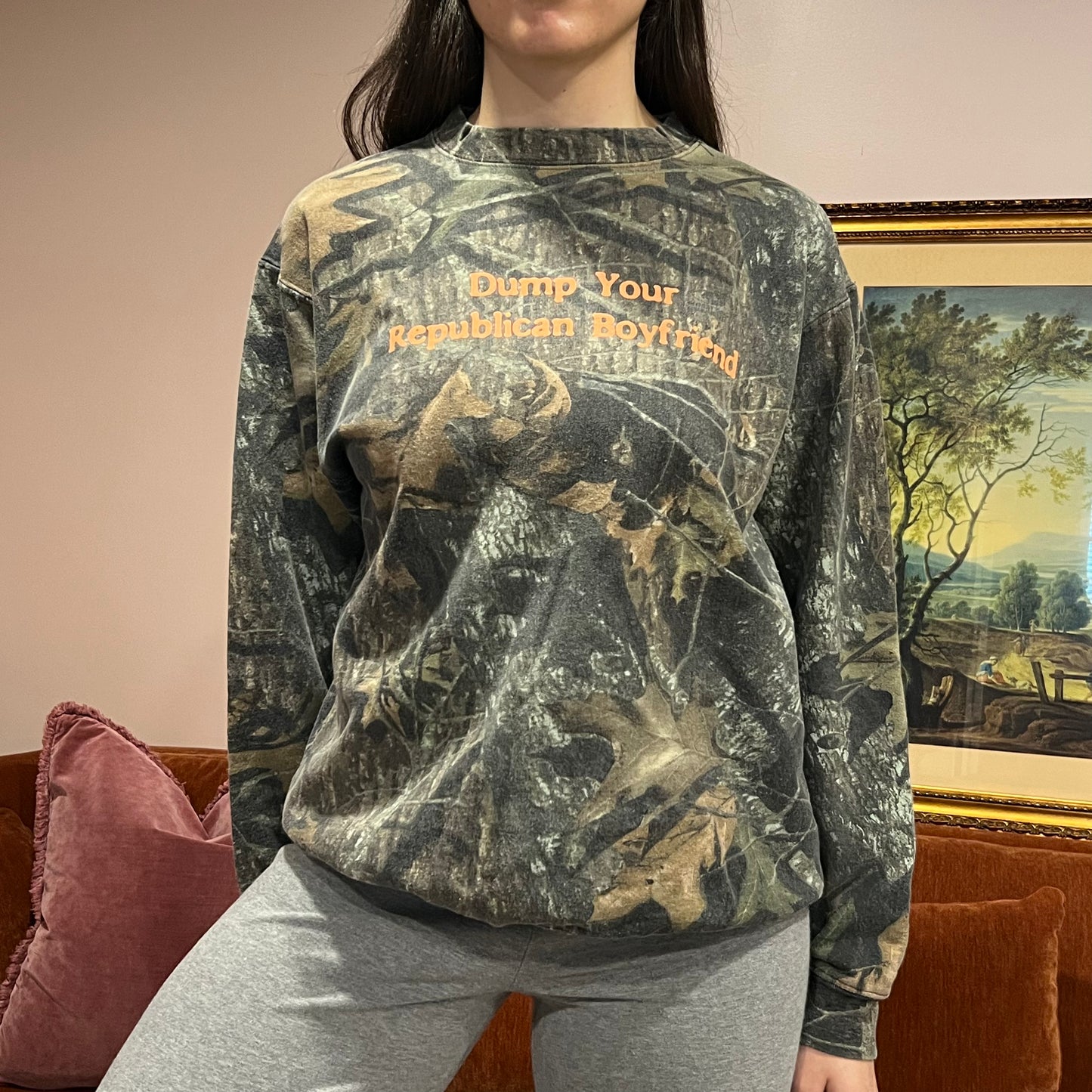 DUMP YOUR REPUBLICAN BOYFRIEND camo crewneck with orange text (M)