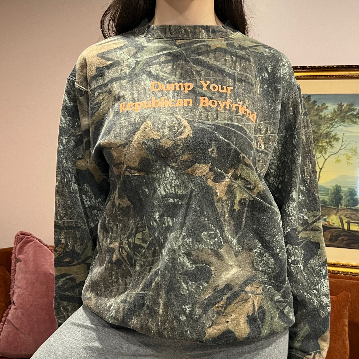 DUMP YOUR REPUBLICAN BOYFRIEND camo crewneck with orange text (M)