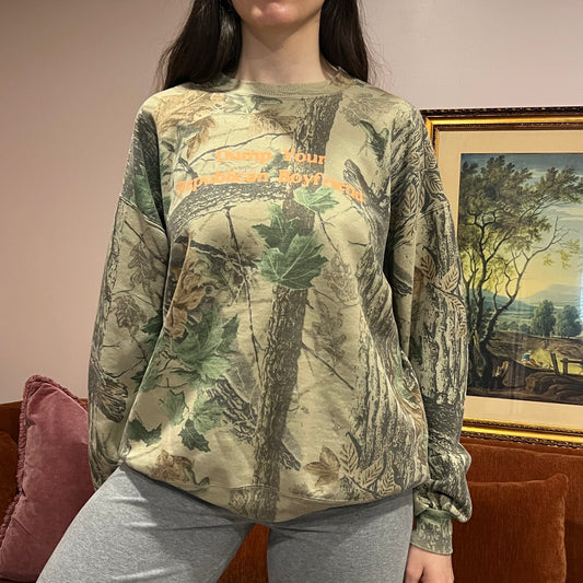 DUMP YOUR REPUBLICAN BOYFRIEND camo crewneck with orange text (XL)