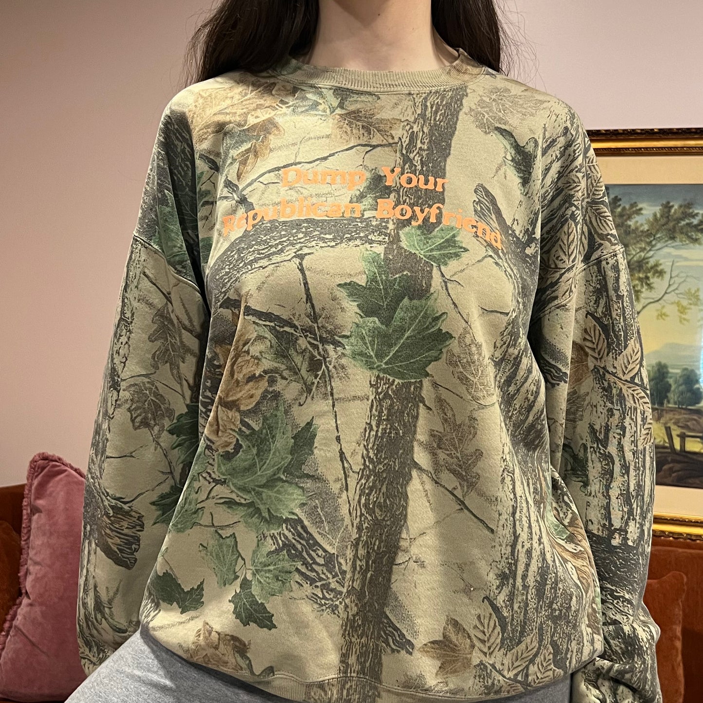 DUMP YOUR REPUBLICAN BOYFRIEND camo crewneck with orange text (XL)
