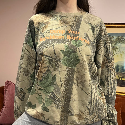 DUMP YOUR REPUBLICAN BOYFRIEND camo crewneck with orange text (XL)