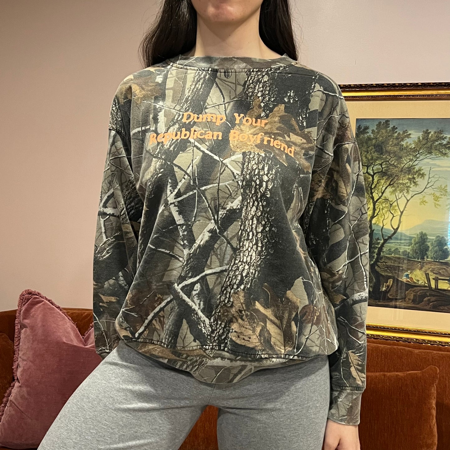 DUMP YOUR REPUBLICAN BOYFRIEND camo crewneck with orange text (M)