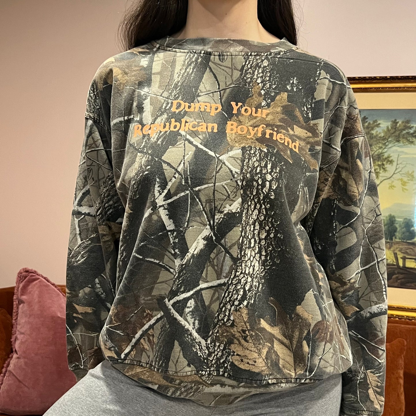 DUMP YOUR REPUBLICAN BOYFRIEND camo crewneck with orange text (M)