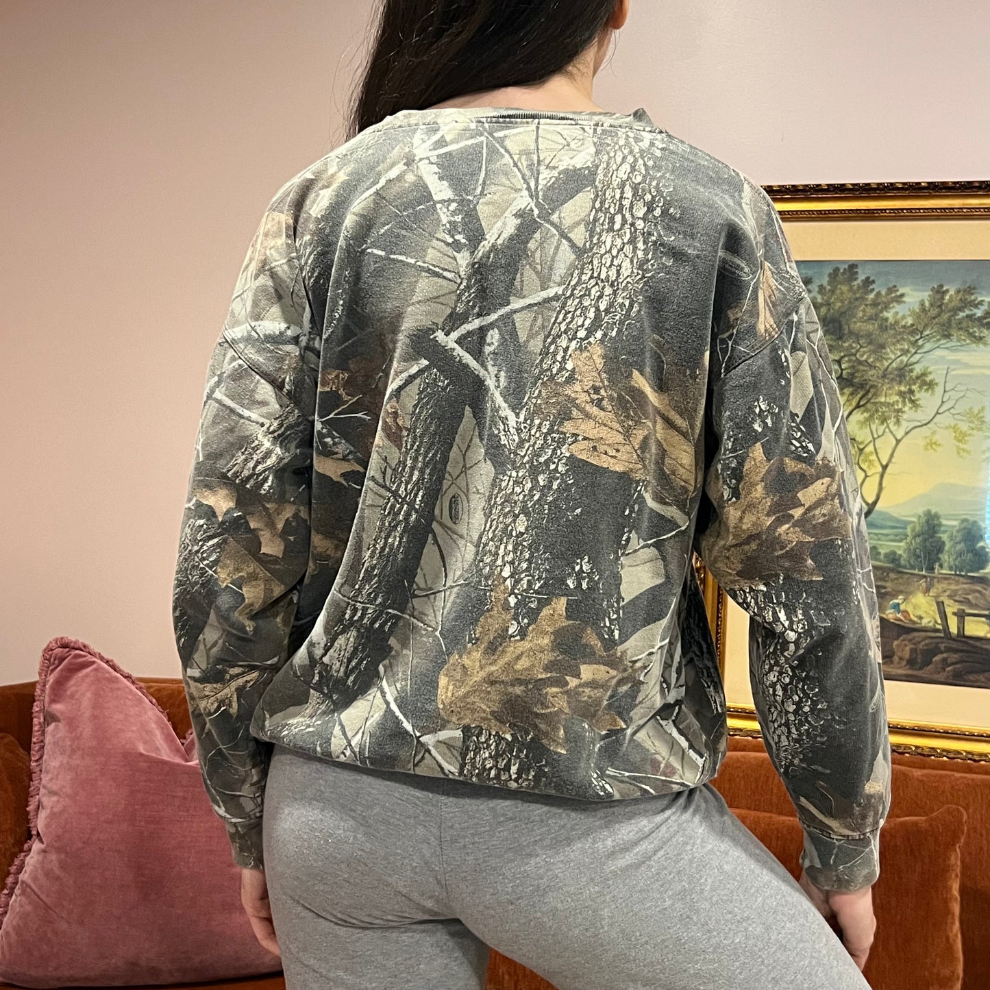 DUMP YOUR REPUBLICAN BOYFRIEND camo crewneck with orange text (M)
