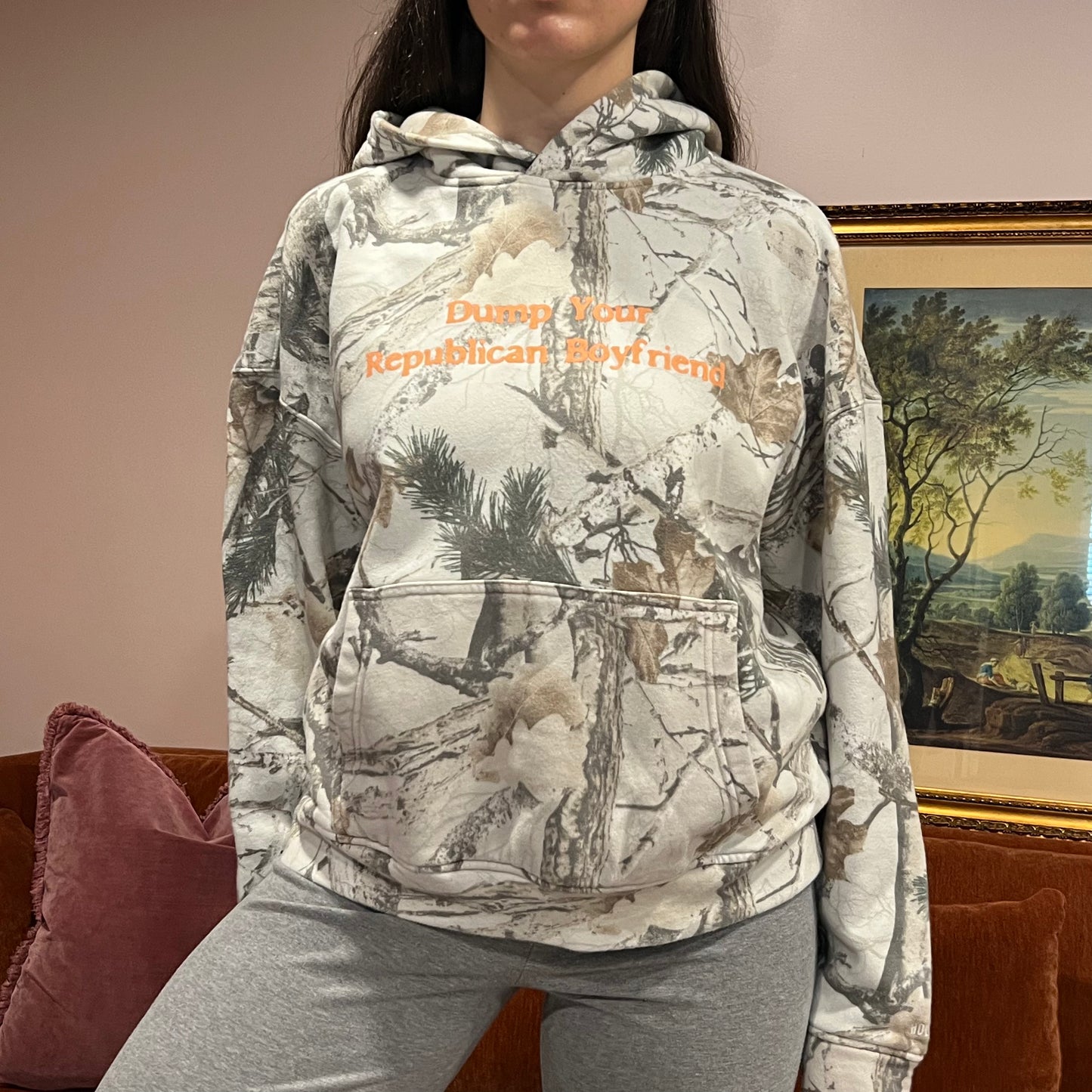 DUMP YOUR REPUBLICAN BOYFRIEND white camo hoodie with orange text (M)