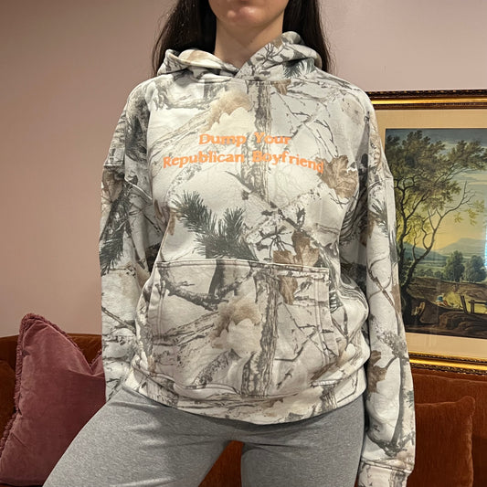 DUMP YOUR REPUBLICAN BOYFRIEND white camo hoodie with orange text (M)