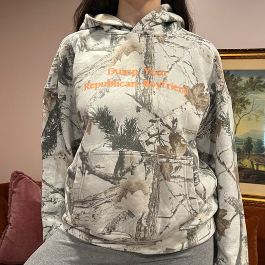 DUMP YOUR REPUBLICAN BOYFRIEND white camo hoodie with orange text (M)
