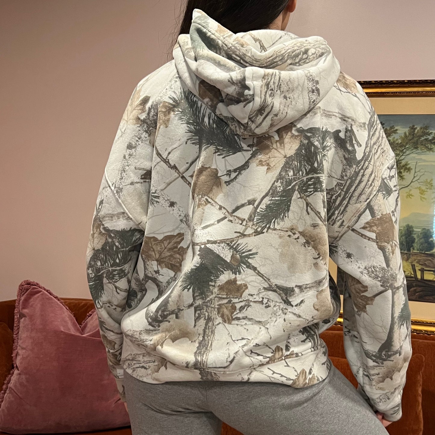DUMP YOUR REPUBLICAN BOYFRIEND white camo hoodie with orange text (M)