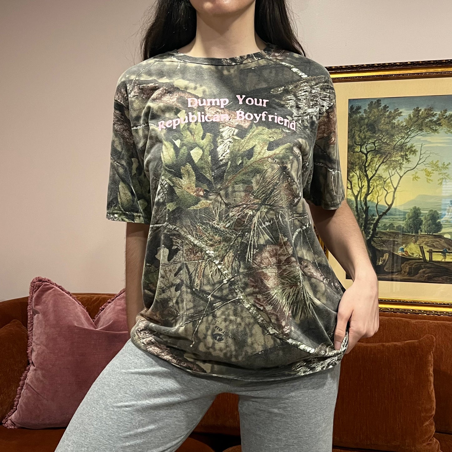 DUMP YOUR REPUBLICAN BOYFRIEND camo t-shirt with pink text (XL)