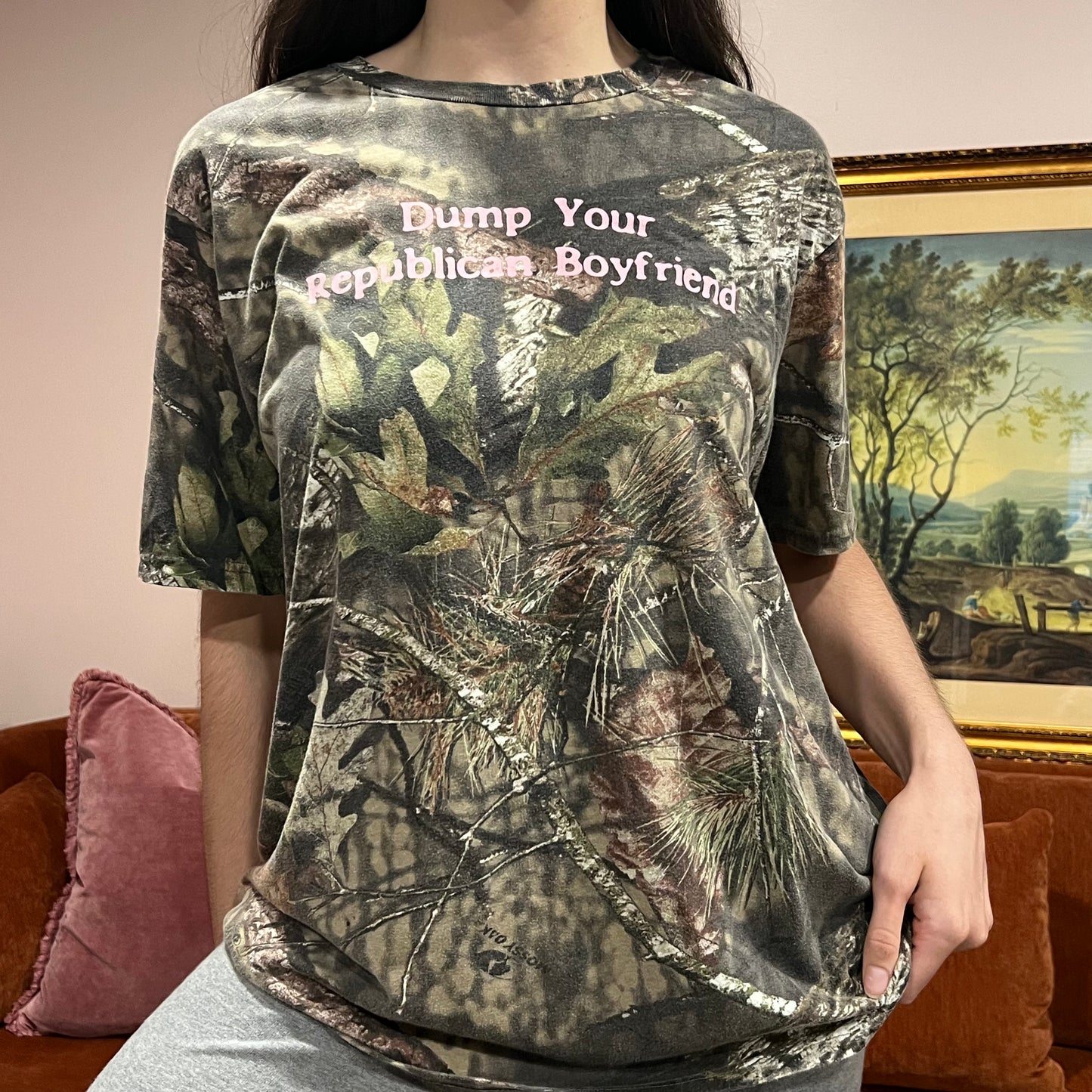 DUMP YOUR REPUBLICAN BOYFRIEND camo t-shirt with pink text (XL)