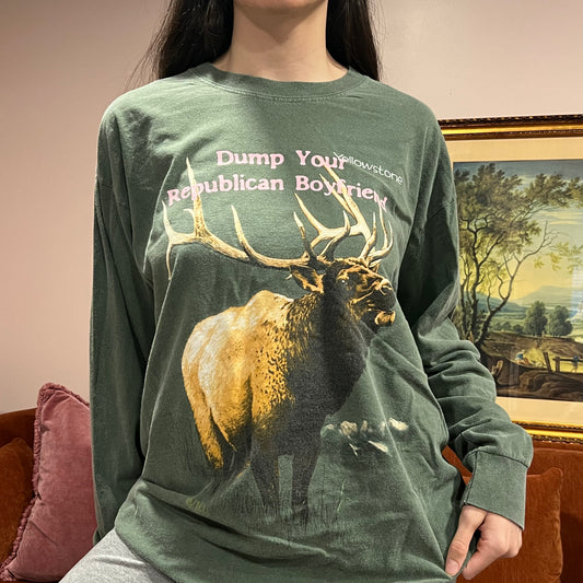 DUMP YOUR REPUBLICAN BOYFRIEND deer long sleeve t-shirt with pink text (L)