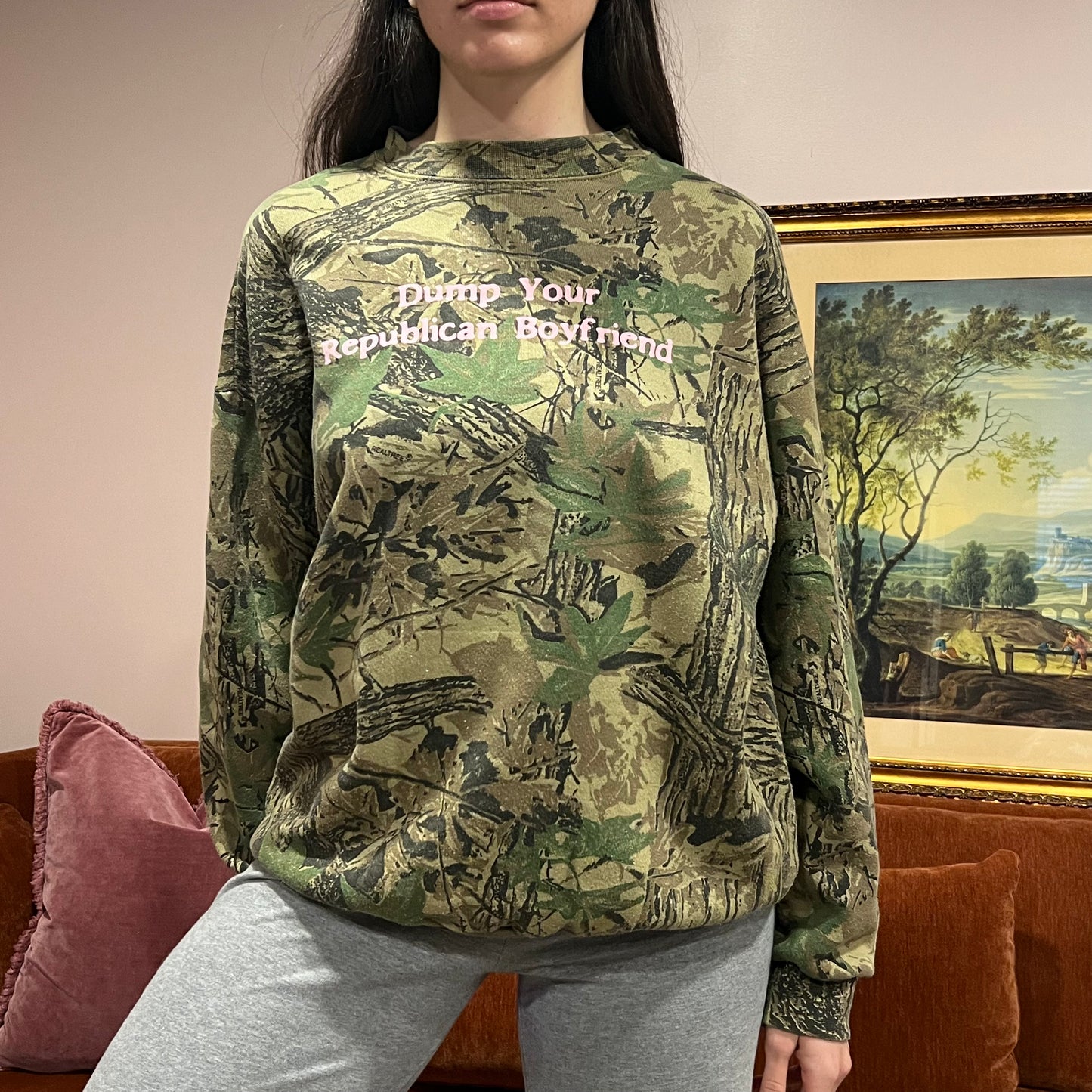 DUMP YOUR REPUBLICAN BOYFRIEND camo crewneck with pink text (XL)