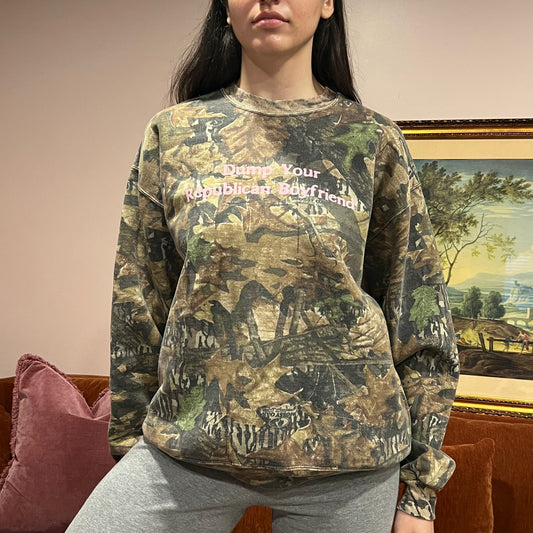 DUMP YOUR REPUBLICAN BOYFRIEND camo crewneck with pink text (L)