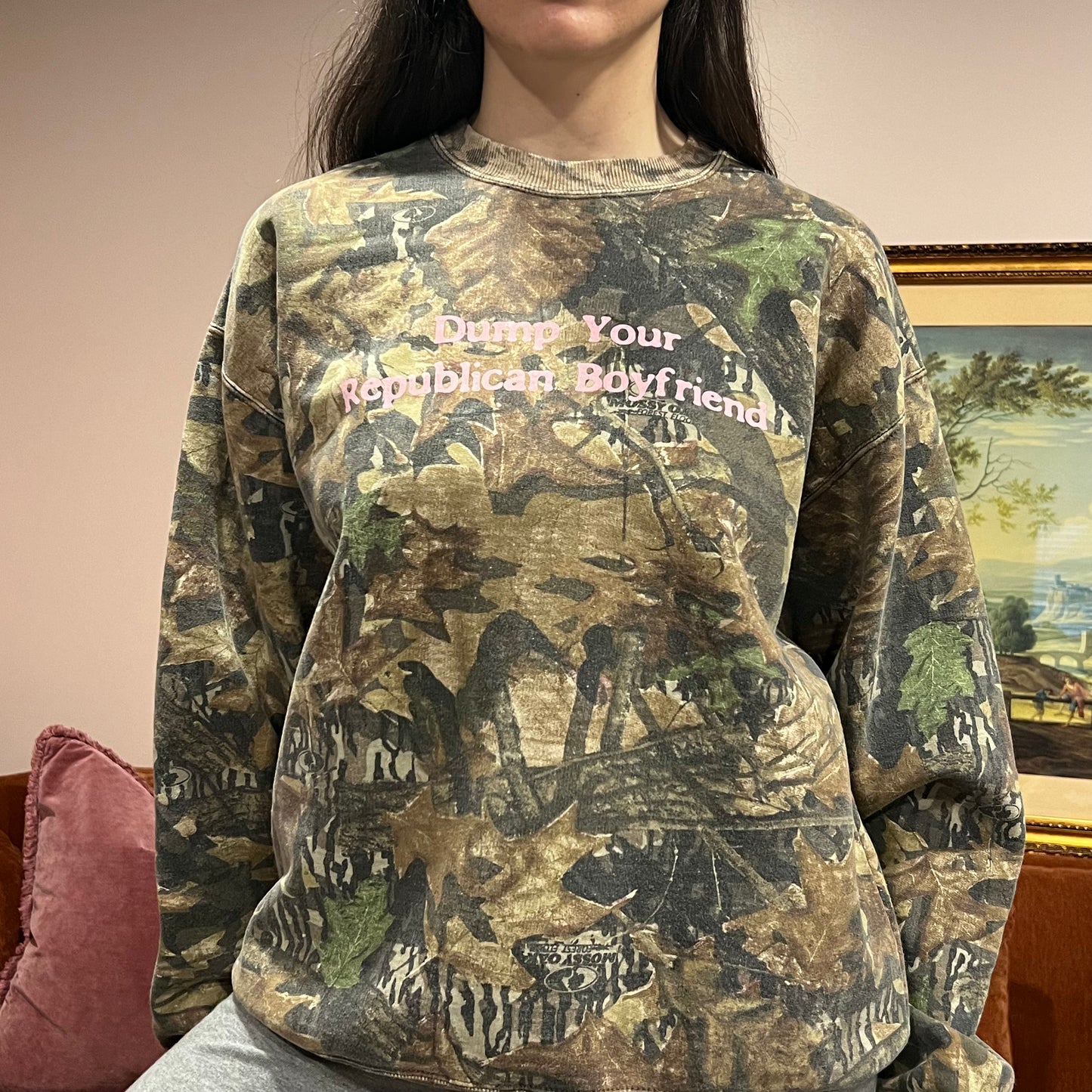 DUMP YOUR REPUBLICAN BOYFRIEND camo crewneck with pink text (L)