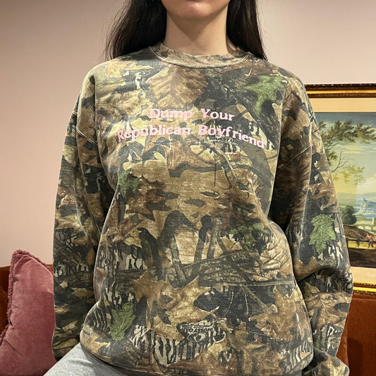 DUMP YOUR REPUBLICAN BOYFRIEND camo crewneck with pink text (L)
