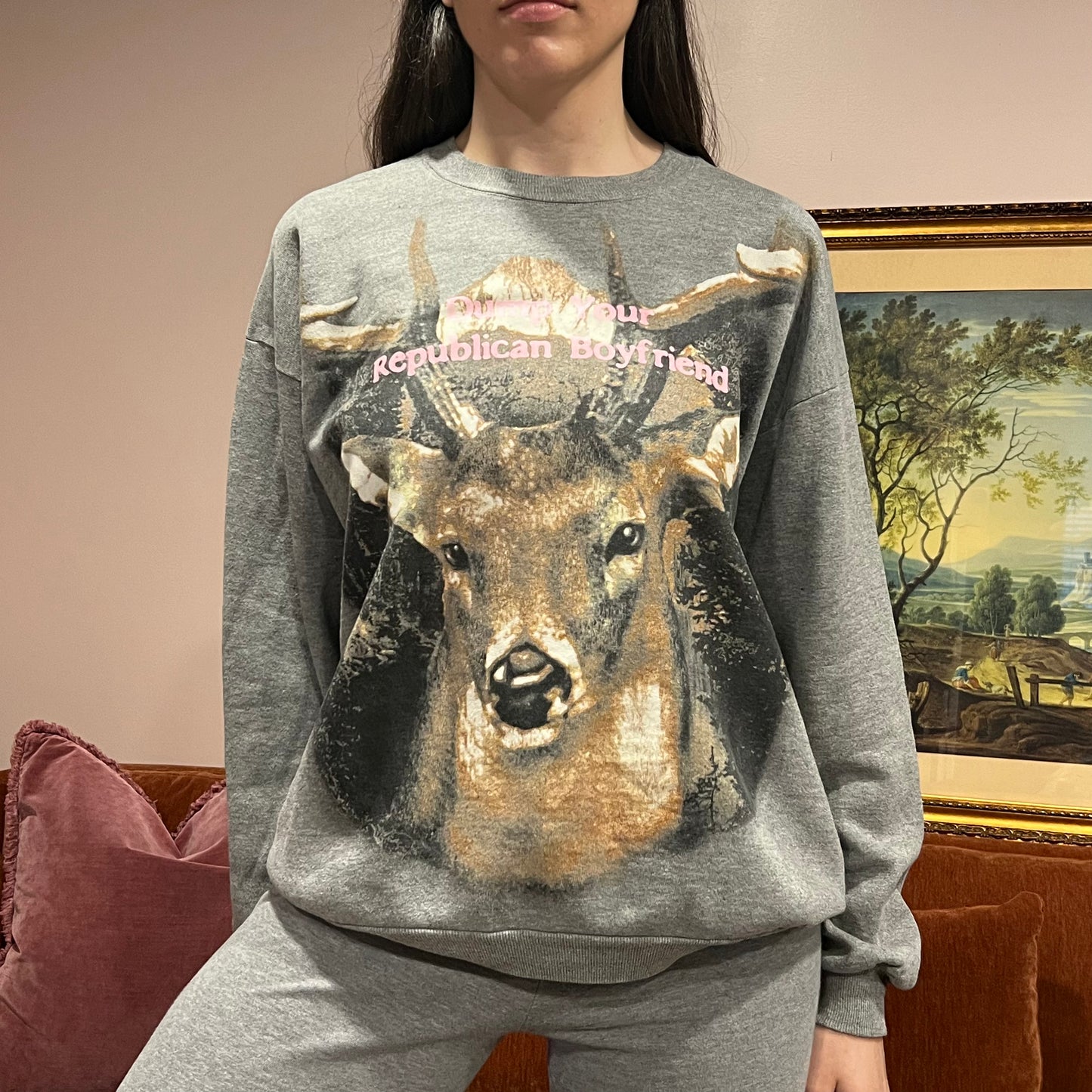 DUMP YOUR REPUBLICAN BOYFRIEND deer crewneck with pink text (L)