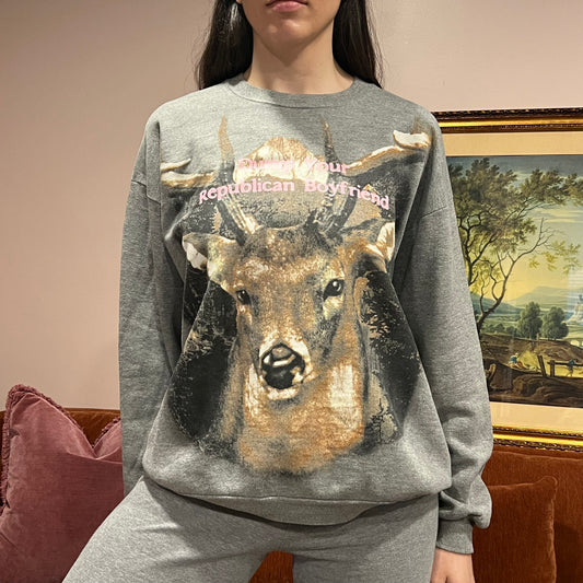 DUMP YOUR REPUBLICAN BOYFRIEND deer crewneck with pink text (L)