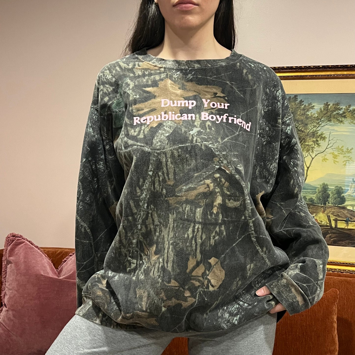 DUMP YOUR REPUBLICAN BOYFRIEND camo crewneck with pink text (XL/2XL)