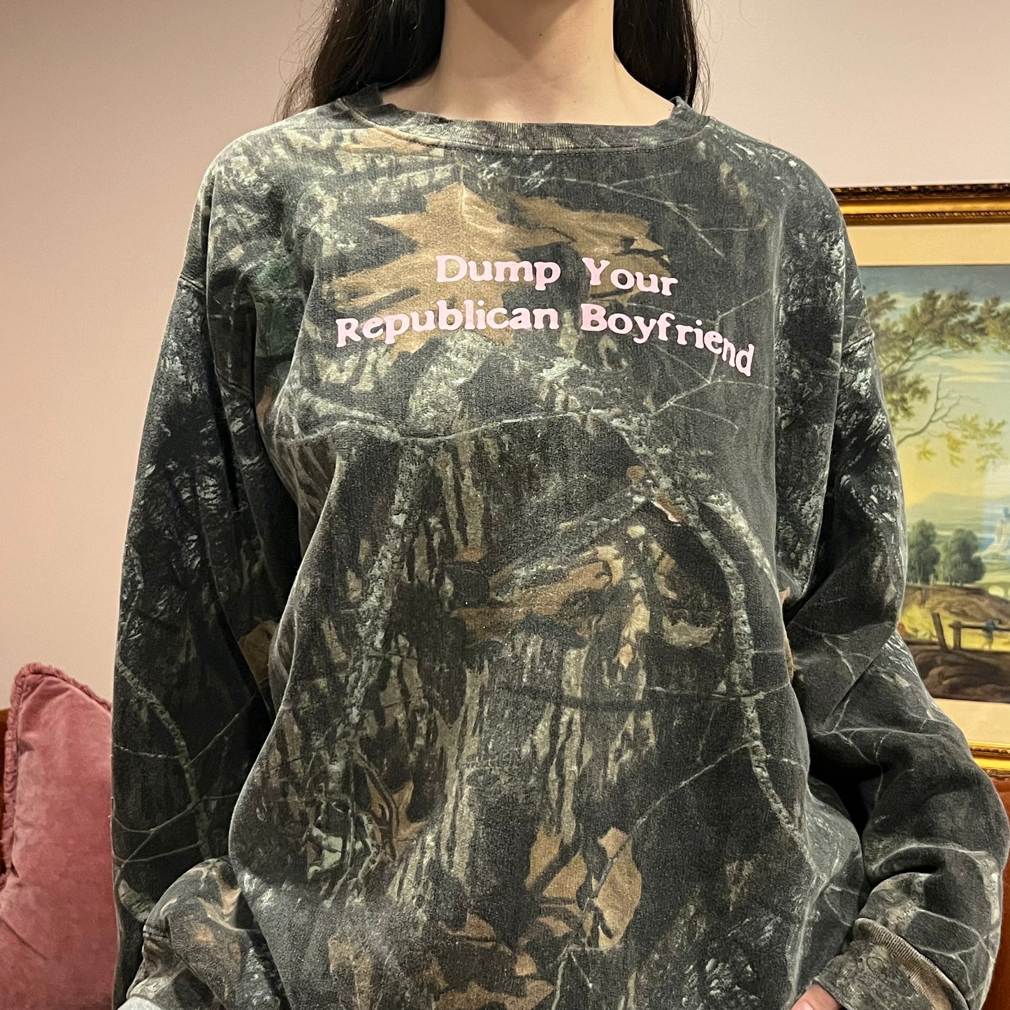 DUMP YOUR REPUBLICAN BOYFRIEND camo crewneck with pink text (XL/2XL)