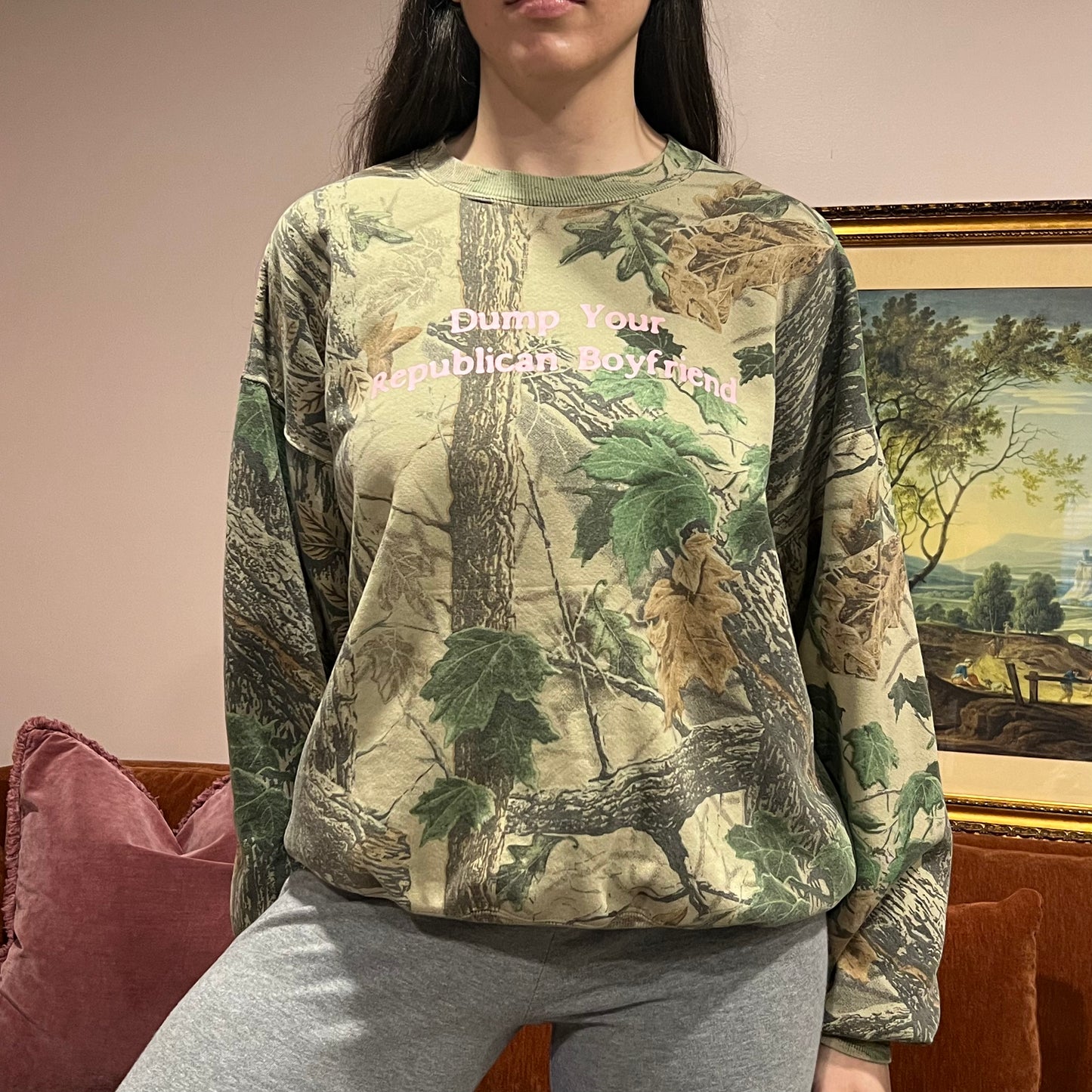 DUMP YOUR REPUBLICAN BOYFRIEND camo crewneck with pink text (XL)