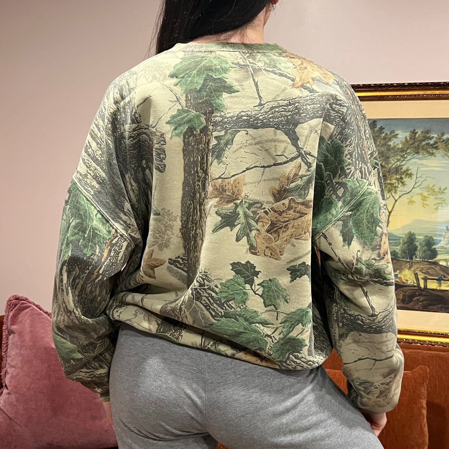 DUMP YOUR REPUBLICAN BOYFRIEND camo crewneck with pink text (XL)