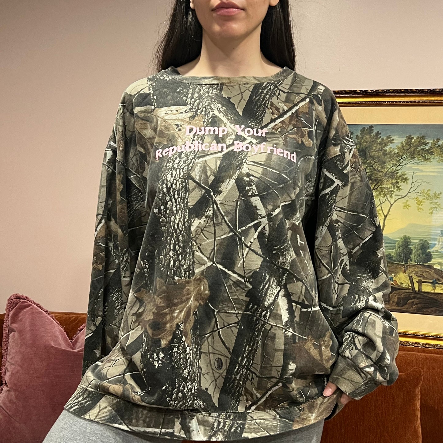 DUMP YOUR REPUBLICAN BOYFRIEND camo crewneck with pink text (2XL)