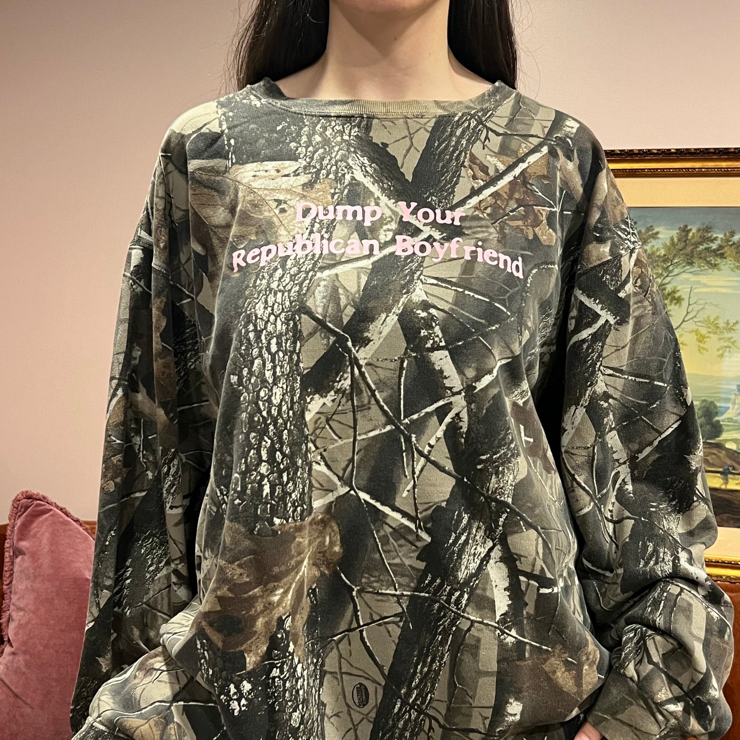 DUMP YOUR REPUBLICAN BOYFRIEND camo crewneck with pink text (2XL)