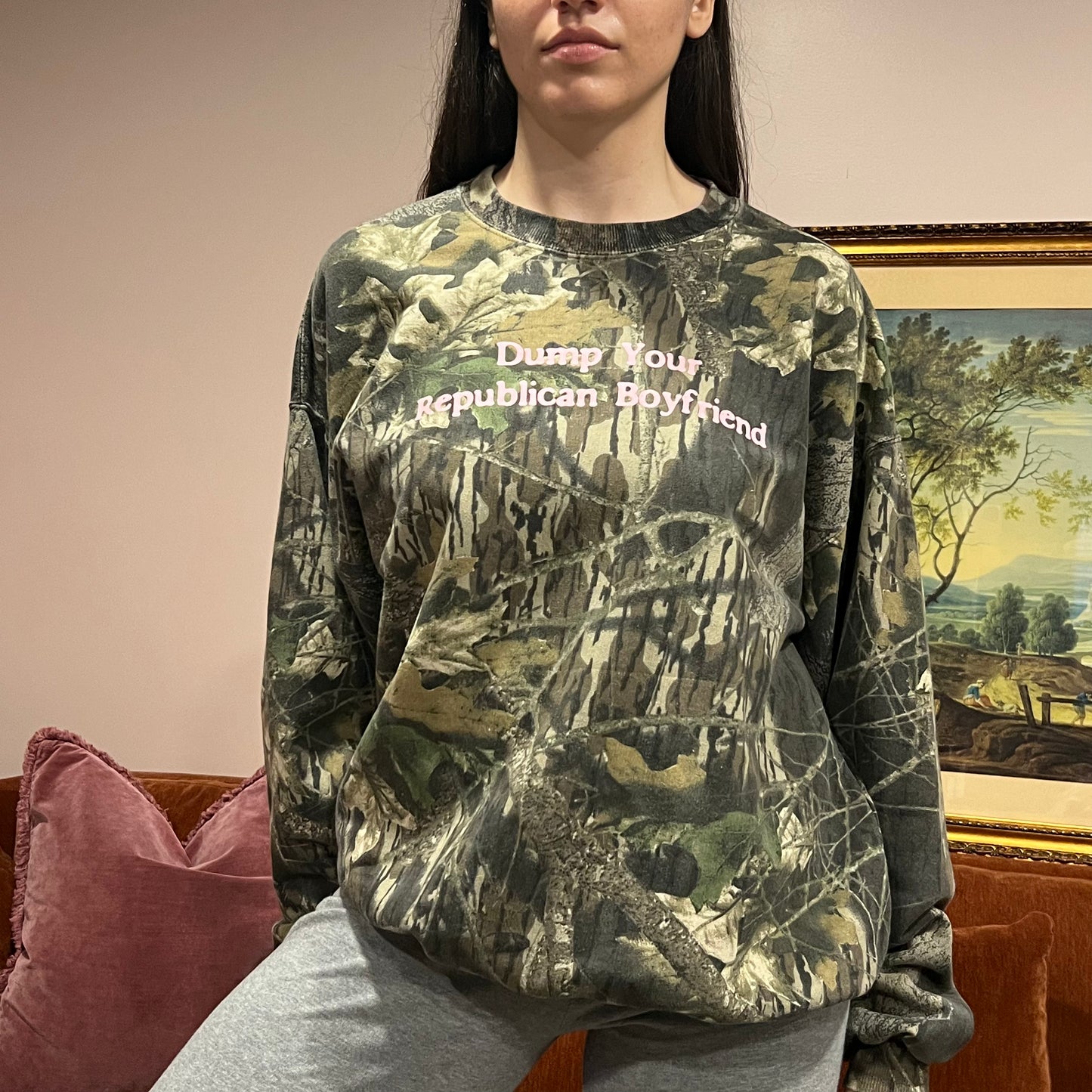 DUMP YOUR REPUBLICAN BOYFRIEND camo crewneck with pink text (XL)