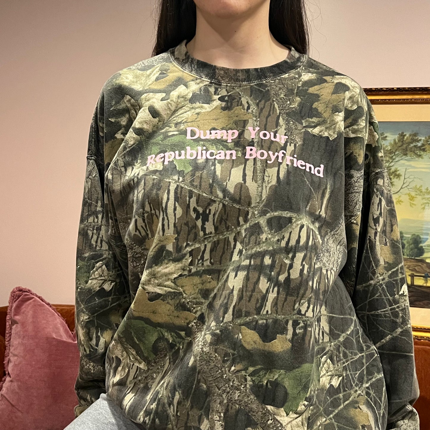 DUMP YOUR REPUBLICAN BOYFRIEND camo crewneck with pink text (XL)