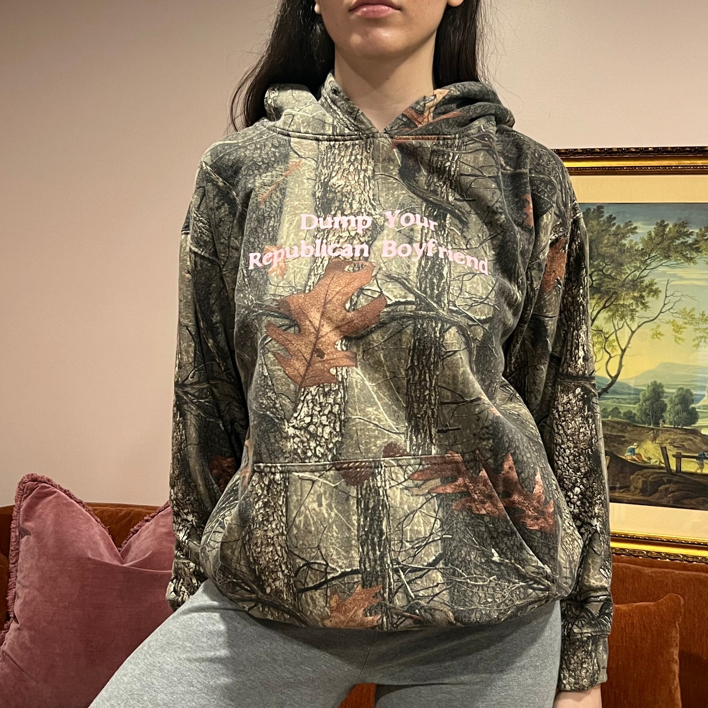 DUMP YOUR REPUBLICAN BOYFRIEND camo hoodie with pink text (L)