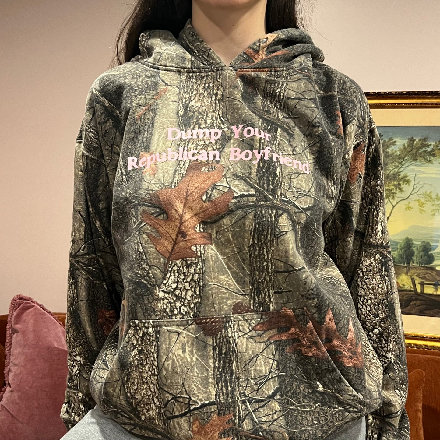 DUMP YOUR REPUBLICAN BOYFRIEND camo hoodie with pink text (L)