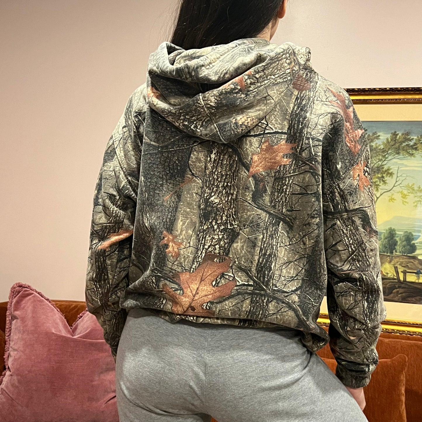 DUMP YOUR REPUBLICAN BOYFRIEND camo hoodie with pink text (L)