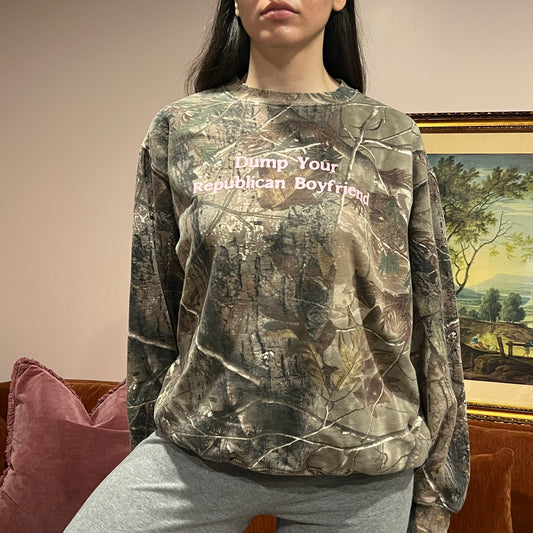DUMP YOUR REPUBLICAN BOYFRIEND camo crewneck with pink text (L)