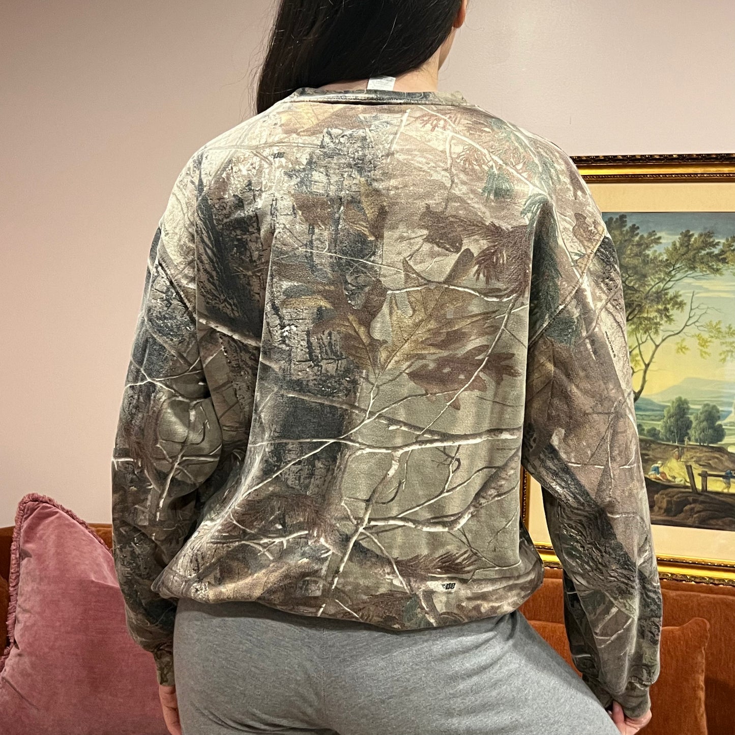 DUMP YOUR REPUBLICAN BOYFRIEND camo crewneck with pink text (L)